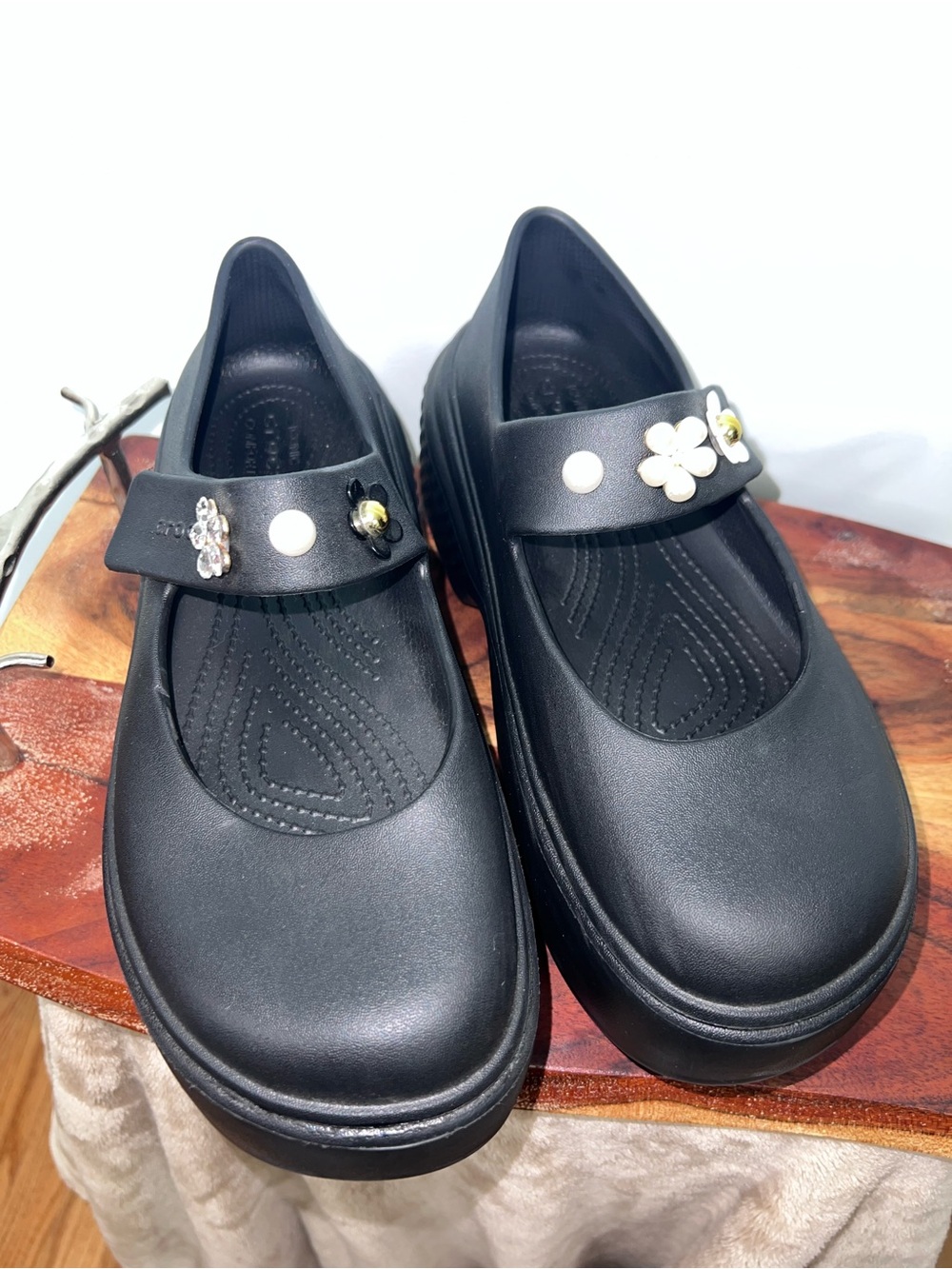 CROCS Black Mary Jane Sandals with Floral Jibbitz